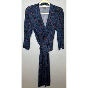 Issa London Wrap Dress Size US 4 Blue Long Sleeve V Neck 100% Silk Small